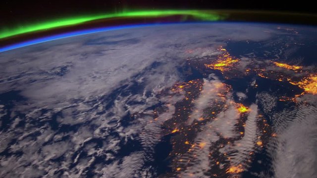 International Space Station (ISS) shot showing the Aurora Borealis over Europe. Video treatment from source stills courtesy of NASA.
