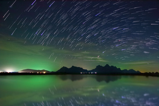 Beautiful scenery of the startrail on night sky at Khao Sam Roi Yot National Park,Prachuap Khiri Khan Province in Thailand. Long exposure shooting and high iso used make this photo have noise.