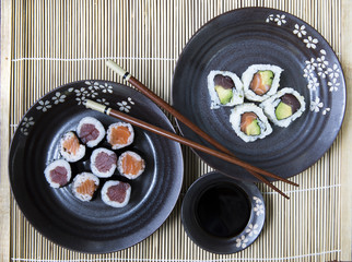 Salmon and Tuna Rolls Flat Lay