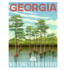 Georgia travel poster or sticker. Vector illustration of bald cypress in wetland swamp - 143109177