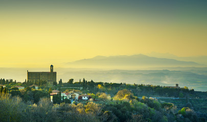 Tuscany, Volterra panoramic view and San Giusto Nuovo church at sunset. Italy