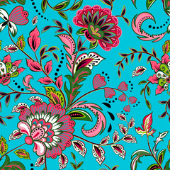 Bezszwowy wzór z fantazja kwiatami, naturalna tapeta, kwiecista dekoracja fryzuje ilustrację. Ręcznie rysowane elementy wydruku Paisley. Wystrój domu. - 143109931