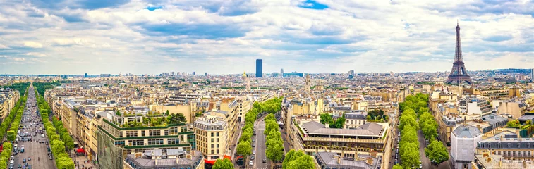 Fotobehang Parijs, Frankrijk. Panoramisch uitzicht vanaf de Arc de Triomphe. Eiffeltoren en Avenue des Champs Elysees. © stevanzz