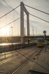 Tram No.2 in Budapest and Elisabeth Bridge