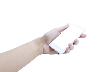 Holding mobile smart phone touch screen on white background, include clipping path