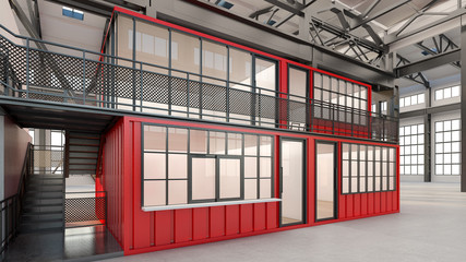 Temporary offices built from shipping containers , 3d rendering