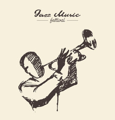 Obraz premium Man playing trumpet vintage drawn illustration