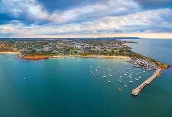 Beautiful aerial panorama of Mornington Peninsula coastline and Mornington Pier at sunset. Melbourne, Victoria, Australia - 143113188