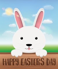 white bunny on a wood board with happy easter day