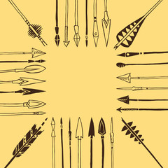 Monochrome tribal frame with arrows, hand drawn ethnic collection with arrows for design, rustic decorative arrows, hippie and boho style vector illustration