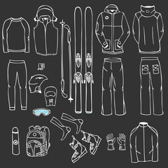Ski equipment in vector, ski kit infographic set, ski vector doodle, hand drawn vector gear, ski clothes set
