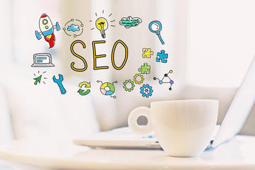 SEO concept with a cup of coffee