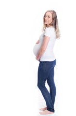 smiling pregnant woman on white background