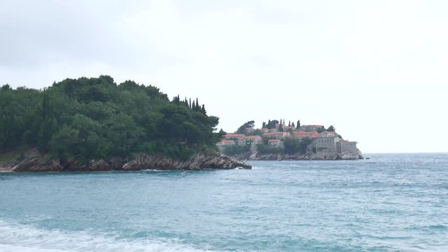Island of Sveti Stefan, close-up of the island in the afternoon. Montenegro, the Adriatic Sea, the Balkans.
