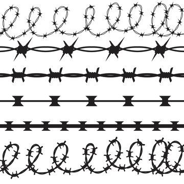 Barbed Wire Black Silhouettes Vector. Pattern brush