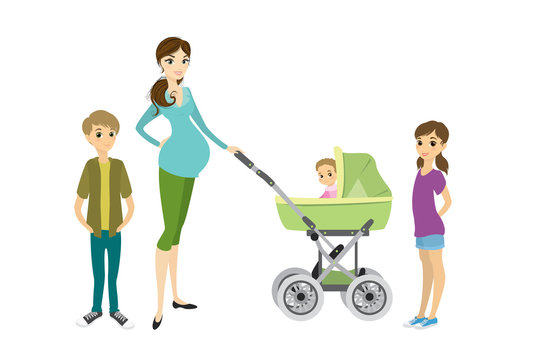 Pretty Young Pregnant Woman With A Pram And Children