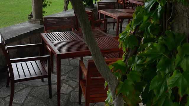 The restaurant at the Villa Milocer, under the wisteria trees, the park and the beach of the Queen, near the island of Sveti Stefan, Montenegro.