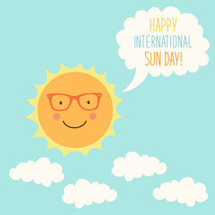 Cute hand drawn smiling cartoon character of Sun with speech bubble