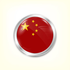 Round button national flag of China with the reflection of light and shadow. Icon country. Realistic vector illustration.