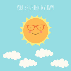 Cute hand drawn smiling cartoon character of Sun with hand written text