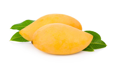 ripe mango with green leaf isolated on white background, Barracuda mango,  sweet mango Thai fruits.