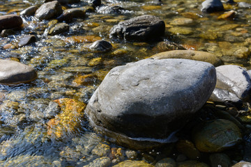 Fototapeta na wymiar Stein im Wasser am Bach-Fluss bei Sonnenschein