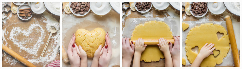 Collage Pastry, cakes, cook their own hands. Selective focus.  