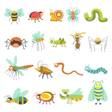 Funny cartoon insects and bugs vector isolated icons