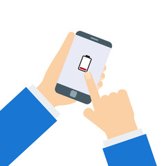 Two hands holding phone with low battery