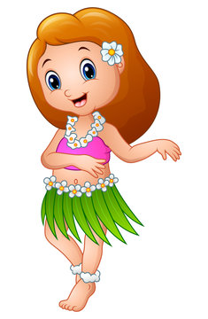Cute cartoon girl dancing Hula Hawaiian