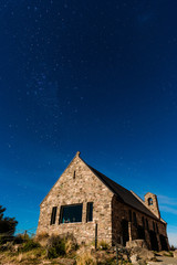 Beautiful Milky Way Galaxy Rising Above Church Of Good Shepherd, New Zealand.