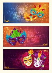 Collection of cartoon banners with venetian painted carnival facial masks for a party decorated with feathers and rhinestones