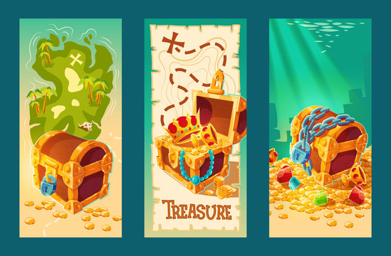 Collection of isolated vector cartoon vintage banners with wooden chests full of treasures, gold coins and jewelry on the background of a treasure map and on the seabed.
