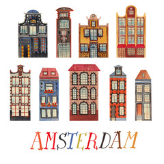 Handwork watercolor illustration with cartoon Amsterdam houses on white background, isolated watercolor illustration.. - 143124500