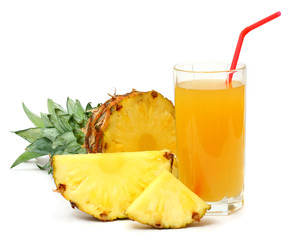 Sliced ripe pineapple with juice isolated on white background