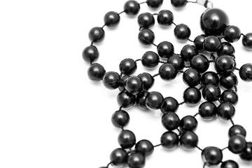Black beads on a white background