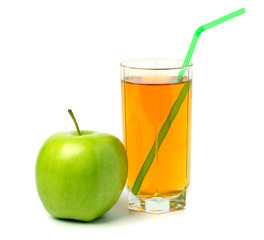 Green apple with juice isolated on white background