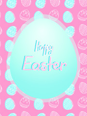Happy Easter card with blue egg on the bright pink background