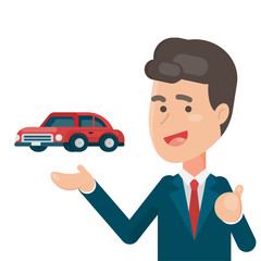 Smiling Salesperson showing the car, business car sale concept, Vector character illustration.