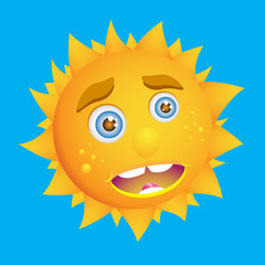 Cute cartoon sun. Kind sunny smile icon. Positive emotions. Sunlight on a sunny day. Vector EPS