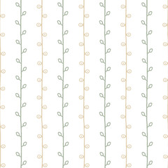 Seamless branch vector pattern. Green and beige vertical twigs with leaves on white background. Hand drawn abstract nature ornament
