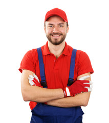 happy smiling handyman isolated on white background