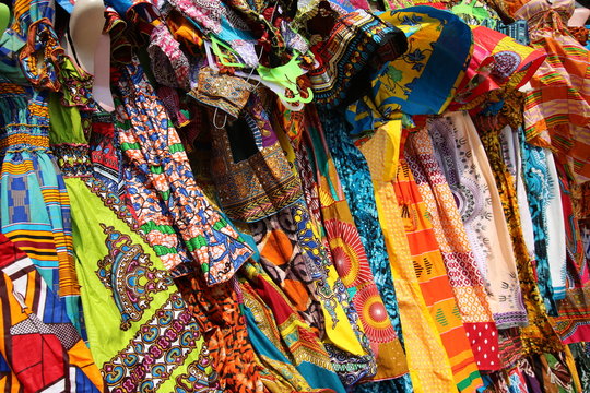Traditional African Textiles / Beautiful decorated stalls offer colorful African Textiles in Lomé, Togo, West Africa.
