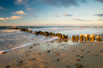 Sunset over the Baltic sea in winter, Miedzyzdroje, Baltic Sea resort in Poland