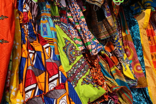 Traditional African Textiles / Beautiful decorated stalls offer colorful African Textiles in Lomé, Togo, West Africa.
