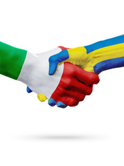 Flags Italy, Sweden countries, partnership friendship handshake concept.