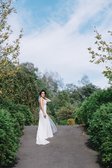 Curvy bride with long veil stands in path in green park