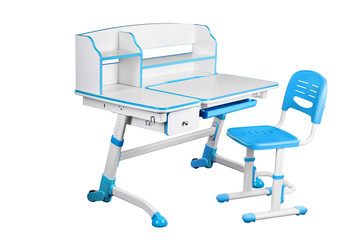 Blue school desk and blue chair