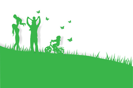 Green background happy family having fun playing in the field,paper art,vector