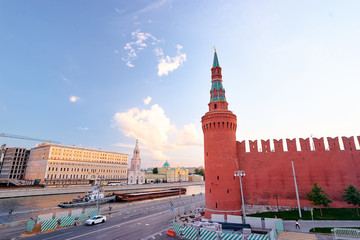 Fototapeta premium Beautiful city landscape. The Moscow River and Kremlin buildings and wall.
